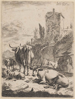 KG 15848
<br/>
Titelblad: landschap met vierkante toren en vee
<br/>
<em>Jonghe, Clement de (1624/25-1677)</em>